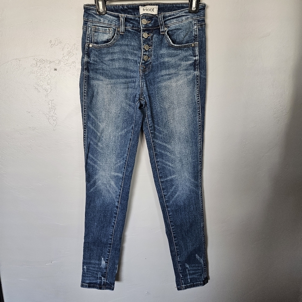 Tricot Women's 3 26" Indigo Blue High Rise Skinny Jeans Distressed Button Fly